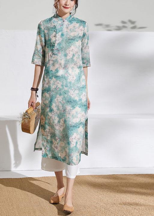 Classy stand collar half sleeve linen summer dresses Outfits green print Dress - bagstylebliss