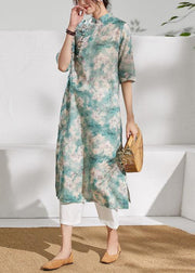 Classy stand collar half sleeve linen summer dresses Outfits green print Dress - bagstylebliss