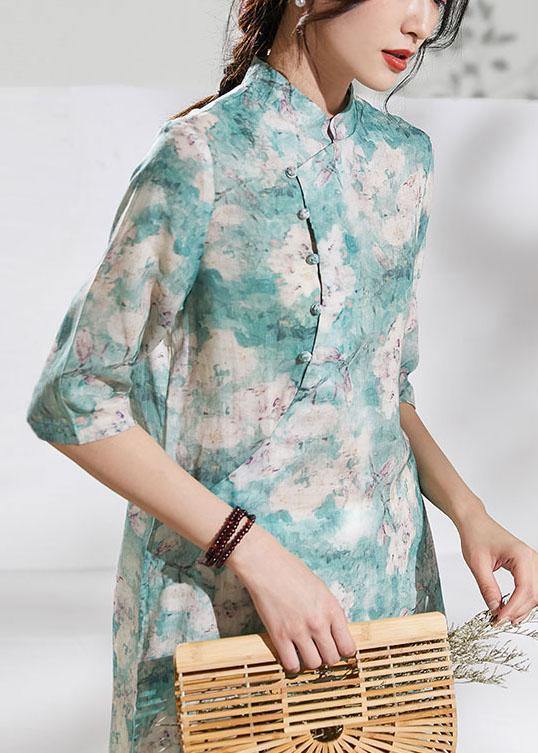 Classy stand collar half sleeve linen summer dresses Outfits green print Dress - bagstylebliss