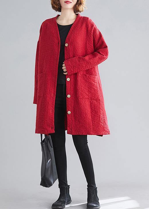 Classy v neck Button Fine Coats Women red daily outwear - bagstylebliss