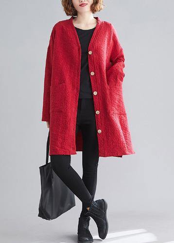 Classy v neck Button Fine Coats Women red daily outwear - bagstylebliss