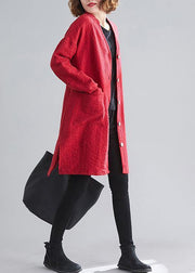 Classy v neck Button Fine Coats Women red daily outwear - bagstylebliss