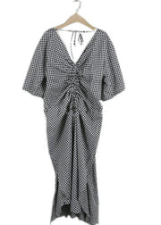 Classy v neck asymmetric cotton Long Shirts Runway plaid Dress - bagstylebliss