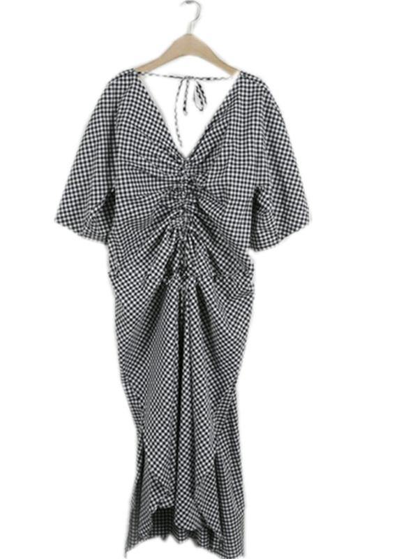 Classy v neck asymmetric cotton Long Shirts Runway plaid Dress - bagstylebliss