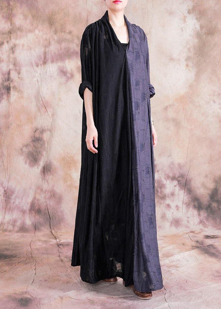 Classy v neck asymmetric linen outfit black patchwork gray Dress fall - bagstylebliss