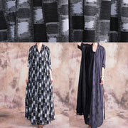 Classy v neck asymmetric linen outfit black patchwork gray Dress fall - bagstylebliss