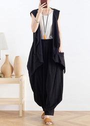 Classy v neck asymmetric linen summer top Neckline black blouse - bagstylebliss