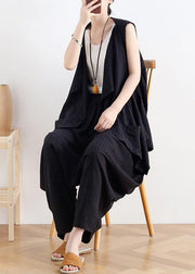 Classy v neck asymmetric linen summer top Neckline black blouse - bagstylebliss