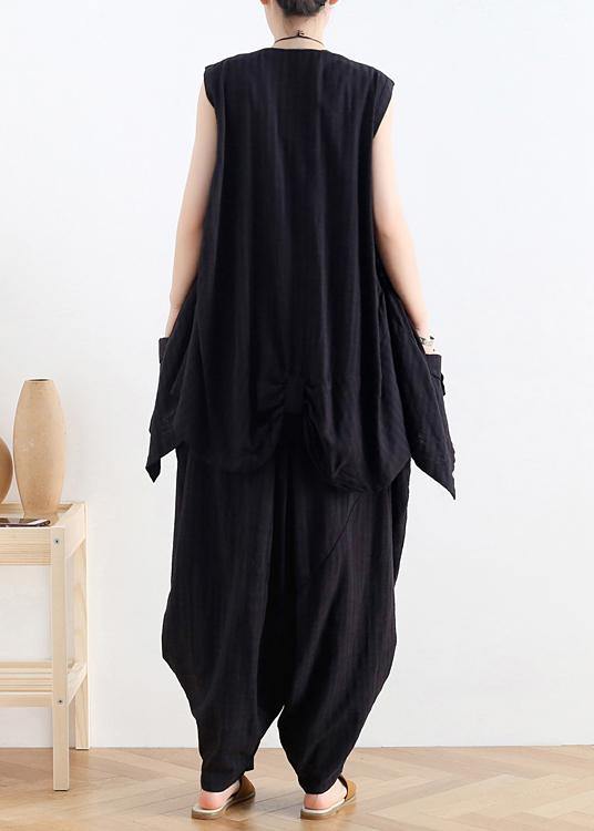 Classy v neck asymmetric linen summer top Neckline black blouse - bagstylebliss