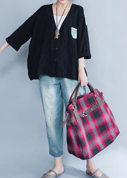 Classy v neck cotton tops black prints shirts summer - bagstylebliss