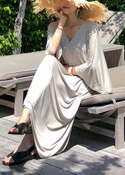 Classy v neck drawstring cotton clothes gray Maxi Dresses - bagstylebliss