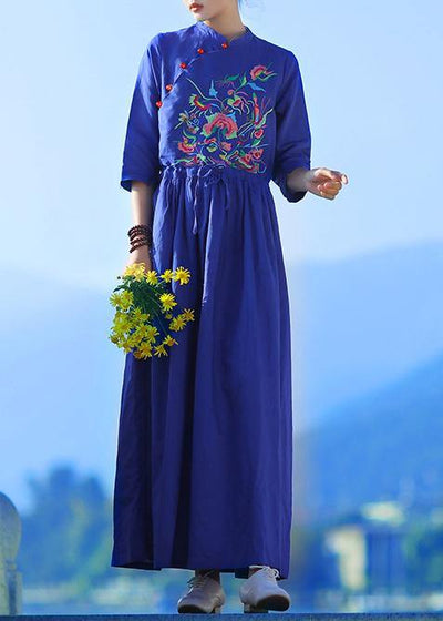 Classy v neck drawstring linen dress Shape blue embroidery Dresses summer - bagstylebliss