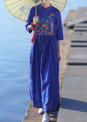 Classy v neck drawstring linen dress Shape blue embroidery Dresses summer - bagstylebliss