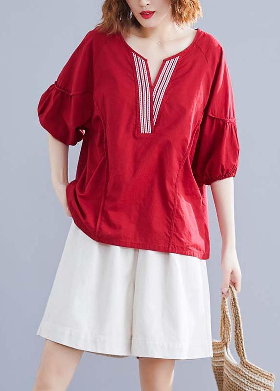 Classy v neck half sleeve cotton Blouse Work red blouse summer - bagstylebliss