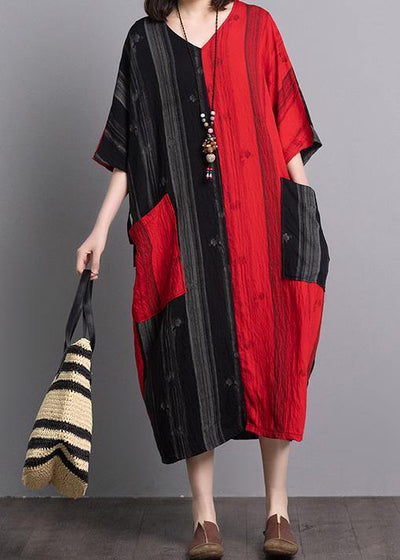 Classy v neck pockets linen outfit Sewing black red patchwork Dresses summer - bagstylebliss