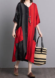 Classy v neck pockets linen outfit Sewing black red patchwork Dresses summer - bagstylebliss