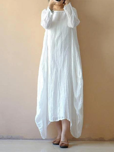 Classy white cotton clothes Women o neck asymmetric Plus Size spring Dresses - bagstylebliss