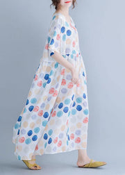 Classy white dotted cotton clothes Women o neck Cinched Maxi summer Dress - bagstylebliss