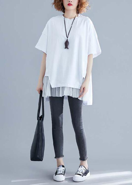 Classy white linen top silhouette Inspiration o neck patchwork summer blouse - bagstylebliss