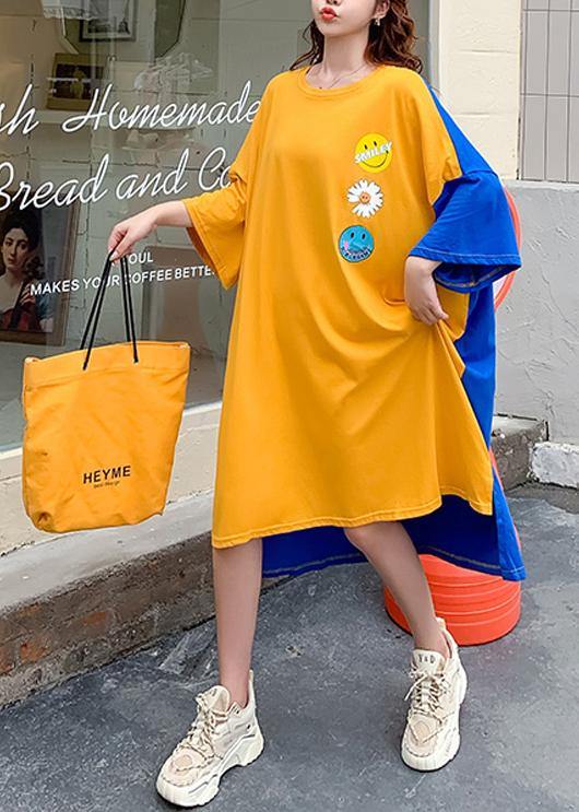 Classy yellow Smiley print clothes Women o neck patchwork Art Dress - bagstylebliss