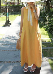 Classy yellow cotton Wardrobes o neck sleeveless Maxi summer Dresses - bagstylebliss