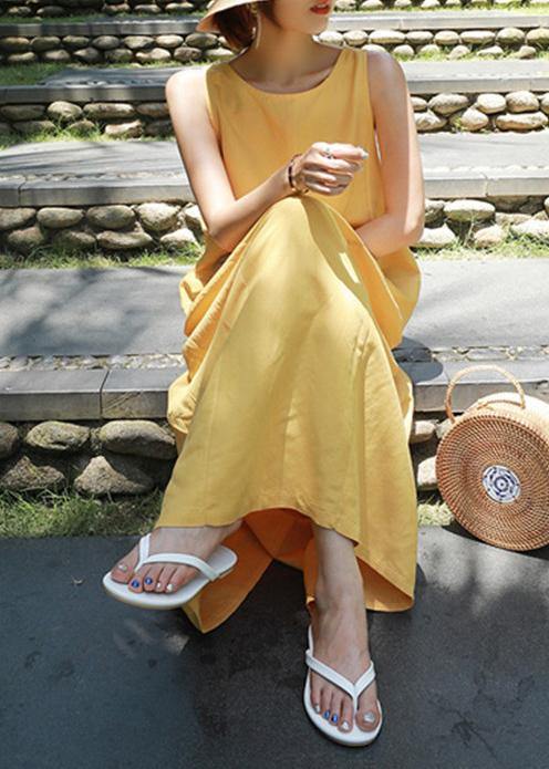 Classy yellow cotton Wardrobes o neck sleeveless Maxi summer Dresses - bagstylebliss