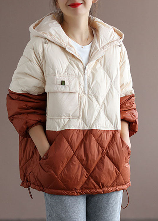 Club Beige Patchwork Orange Reißverschlusstaschen Entendaunen-Winter-Daunenjacke