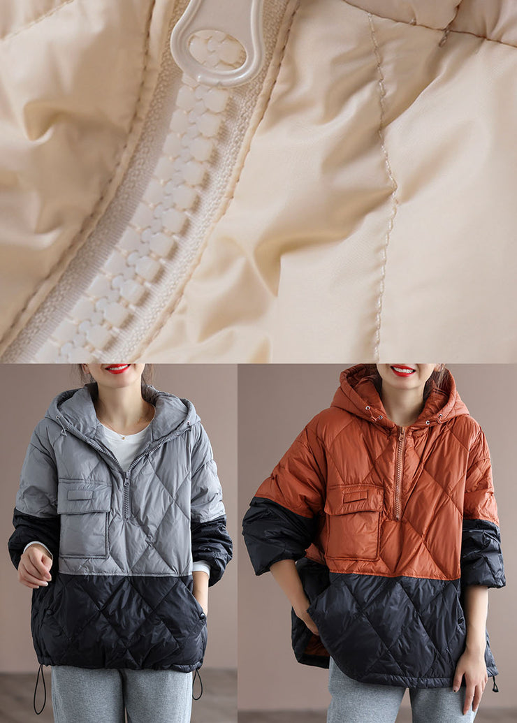 Club Beige Patchwork Orange zippered Pockets Duck Down Winter Down Jacket