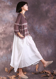 Chocolate Asymmetrical Gradient color Cotton Long Dresses Three Quarter sleeve