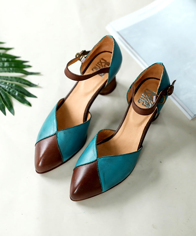 Chocolate Blue Splicing High Heels Chunky Cowhide Leather Retro Buckle Strap High Heels