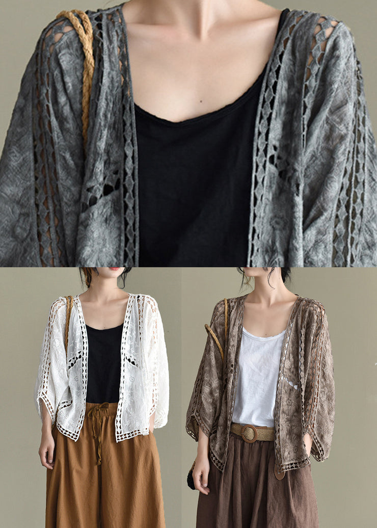 Coffee Cardigans Hollow Out Embroideried Batwing Sleeve