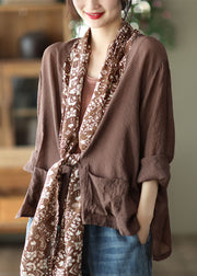 Coffee Colorblock Pockets Print Linen UPF 50+ Coat Long Sleeve