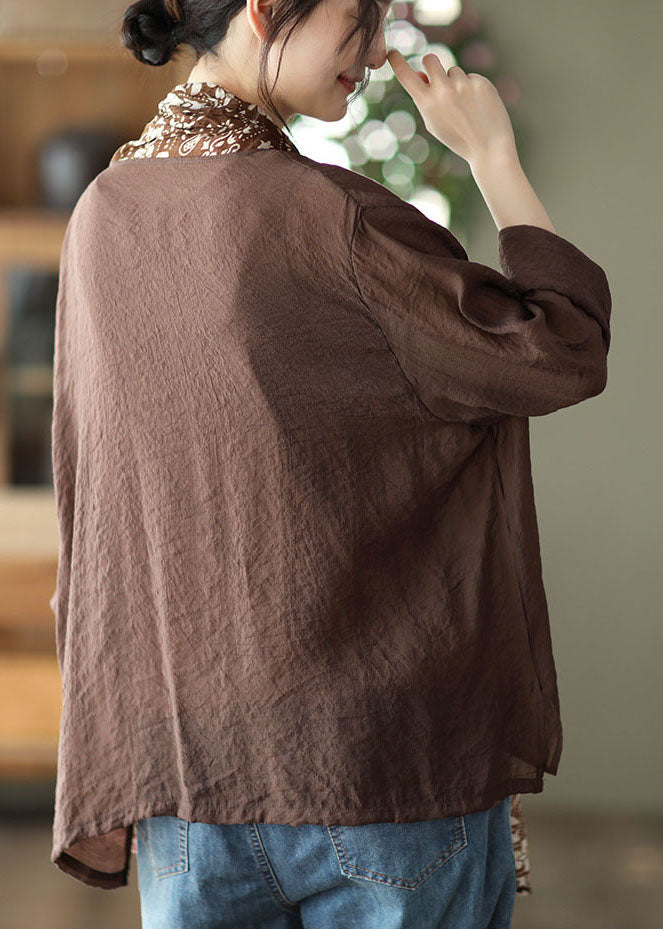 Coffee Colorblock Pockets Print Linen UPF 50+ Coat Long Sleeve