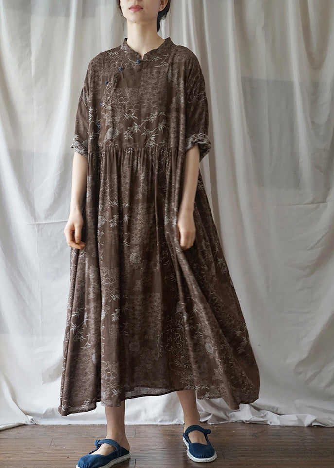 Chocolate Cotton Loose Dresses Mandarin Collar Half Sleeve