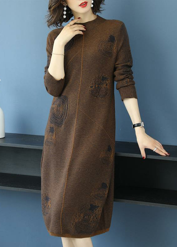 Coffee Cozy Cotton Knit Long Dress Turtleneck Long Sleeve