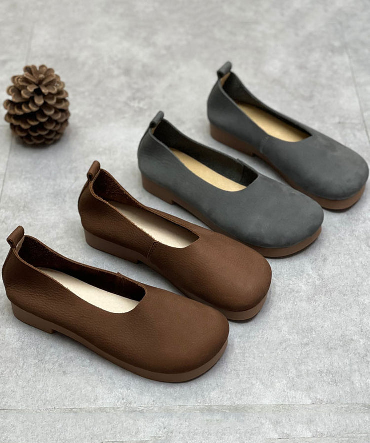 Chocolate Flat Shoes For Women Cowhide Leather Flat Feet Shoes