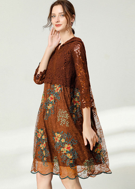 Chocolate Hollow Out Lace Dresses Embroideried Spring