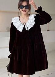 Chocolate Lace Peter Pan Collar Patchwork Velour Dress Winter