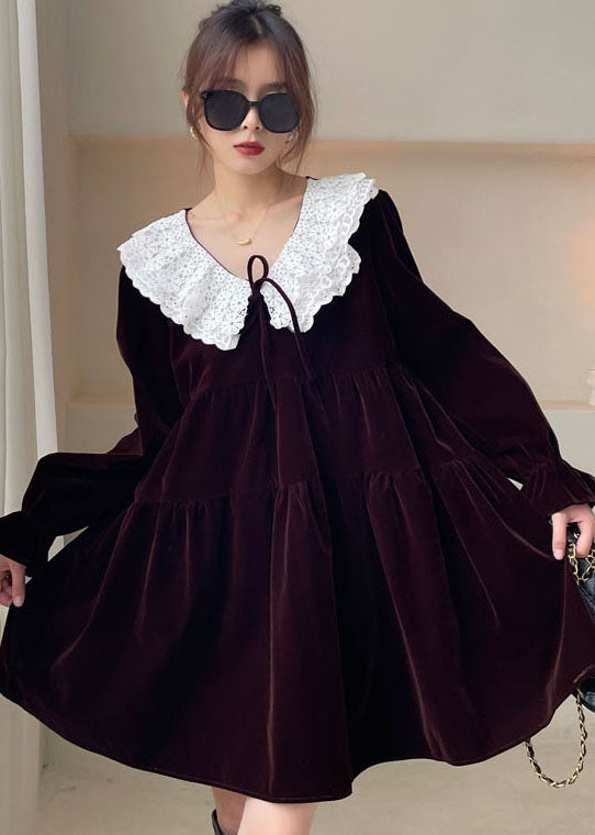 Chocolate Lace Peter Pan Collar Patchwork Velour Dress Winter