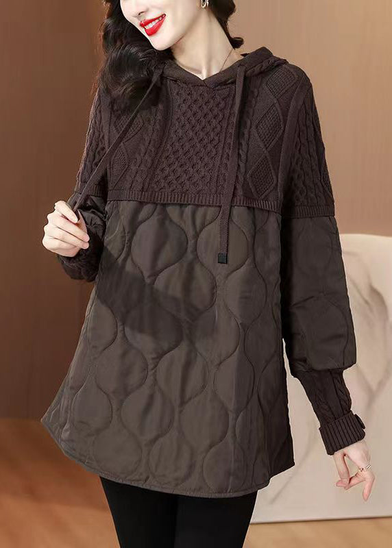 Coffee Lace Up Patchwork Thick Top Hooded Winter