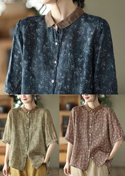 Blue geometry Linen Shirt Top Button Peter Pan Collar Half Sleeve