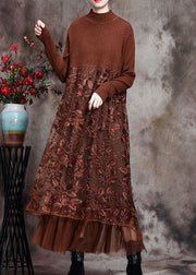 Chocolate O-Neck Embroidered Patchwork Fall Long Knit Dress