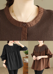 Coffee O-Neck Wrinkled Shirts Long Sleeve