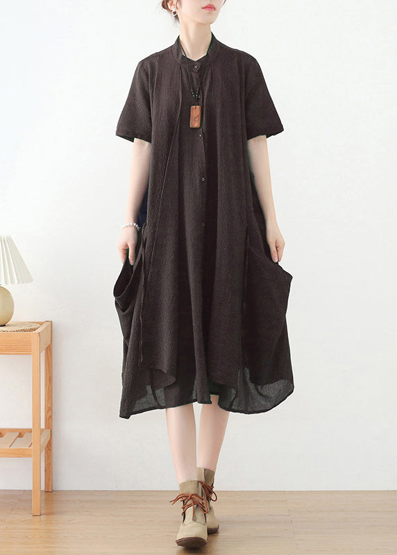 Chocolate Original Design Pockets Linen Shirt Dress Short Sleeve