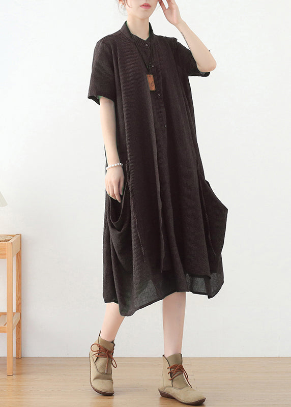 Chocolate Original Design Pockets Linen Shirt Dress Short Sleeve