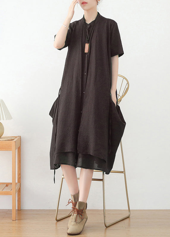 Chocolate Original Design Pockets Linen Shirt Dress Short Sleeve