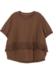 Chocolate Patchwork Cotton Tank Tops O-Neck Tassel Short Sleeve