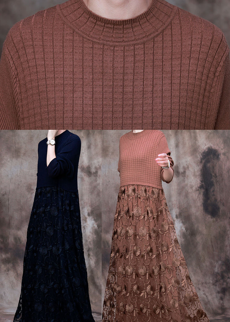 Chocolate Patchwork Knit Long Knit Dress Asymmetrical Winter