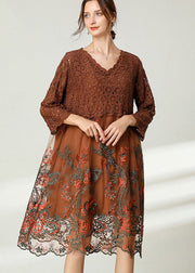 Chocolate Patchwork Lace Loose Dress Embroideried Spring