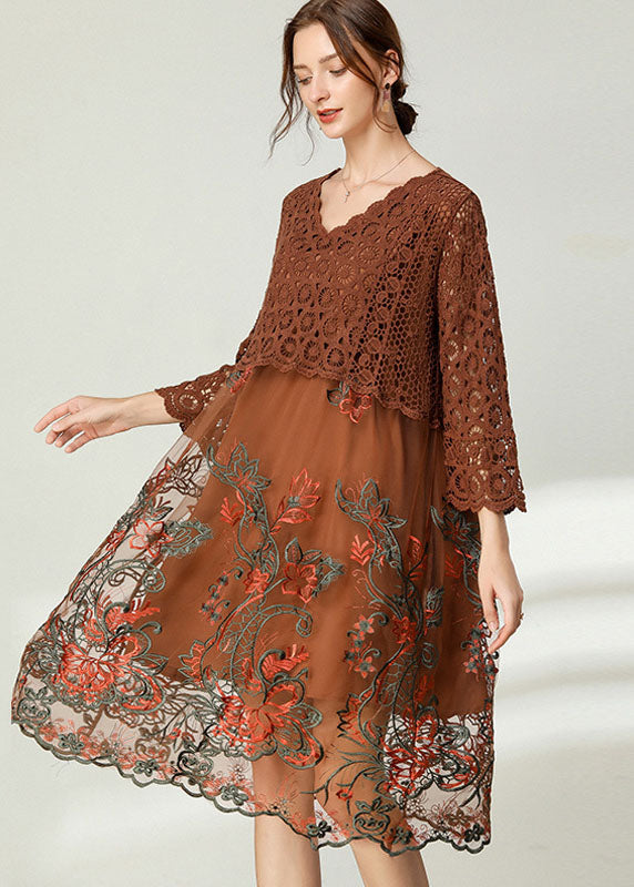 Chocolate Patchwork Lace Loose Dress Embroideried Spring